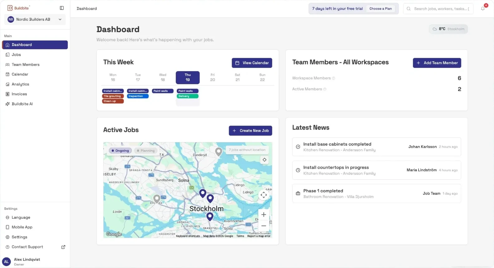Buildbite admin web portal: this week's schedule, team members, active jobs on a map and the latest job updates