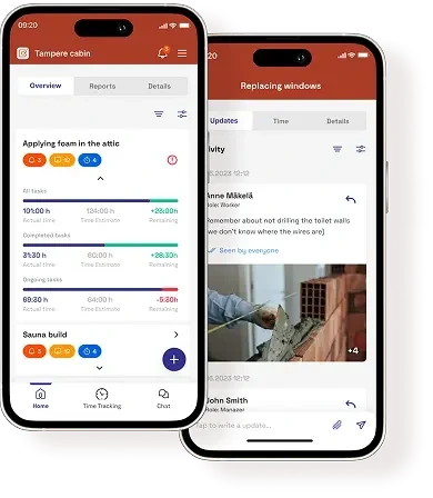 Buildbite mobile app: a job overview with hours against estimates, and a job's activity feed with photos from site