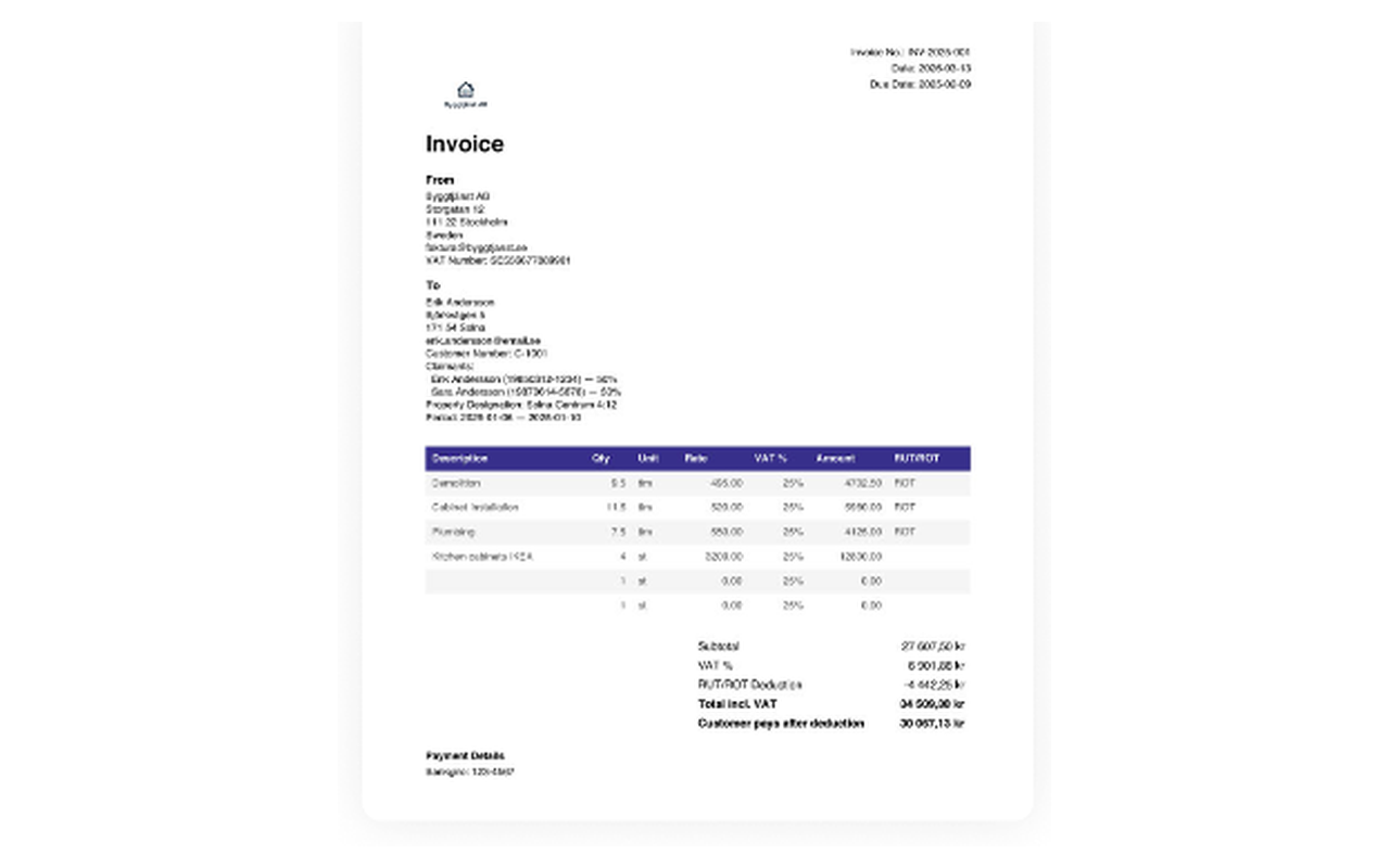 Invoice view in Buildbite